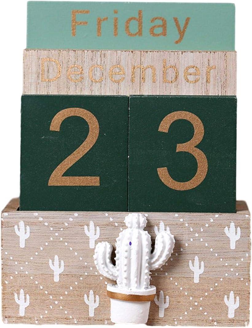 [Queen-b] 万年カレンダー 日めくり 卓上 おしゃれ ホーム オフィス デスク インテリア 飾り 装飾 シンプル デザイン ナチュラル ウッド 木製 (サボテン)