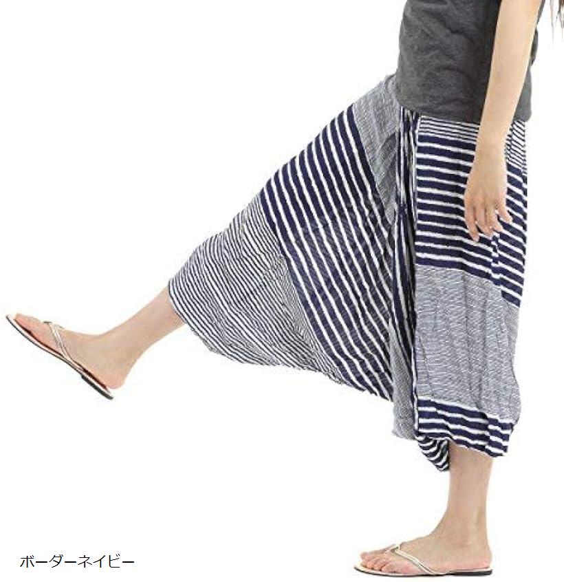 OKI オキ レーヨン サルエルパンツ アラジンパンツ タイパンツ メンズ レディース 2way 総柄 オールインワン(ボーダーネイビー, Free Size)