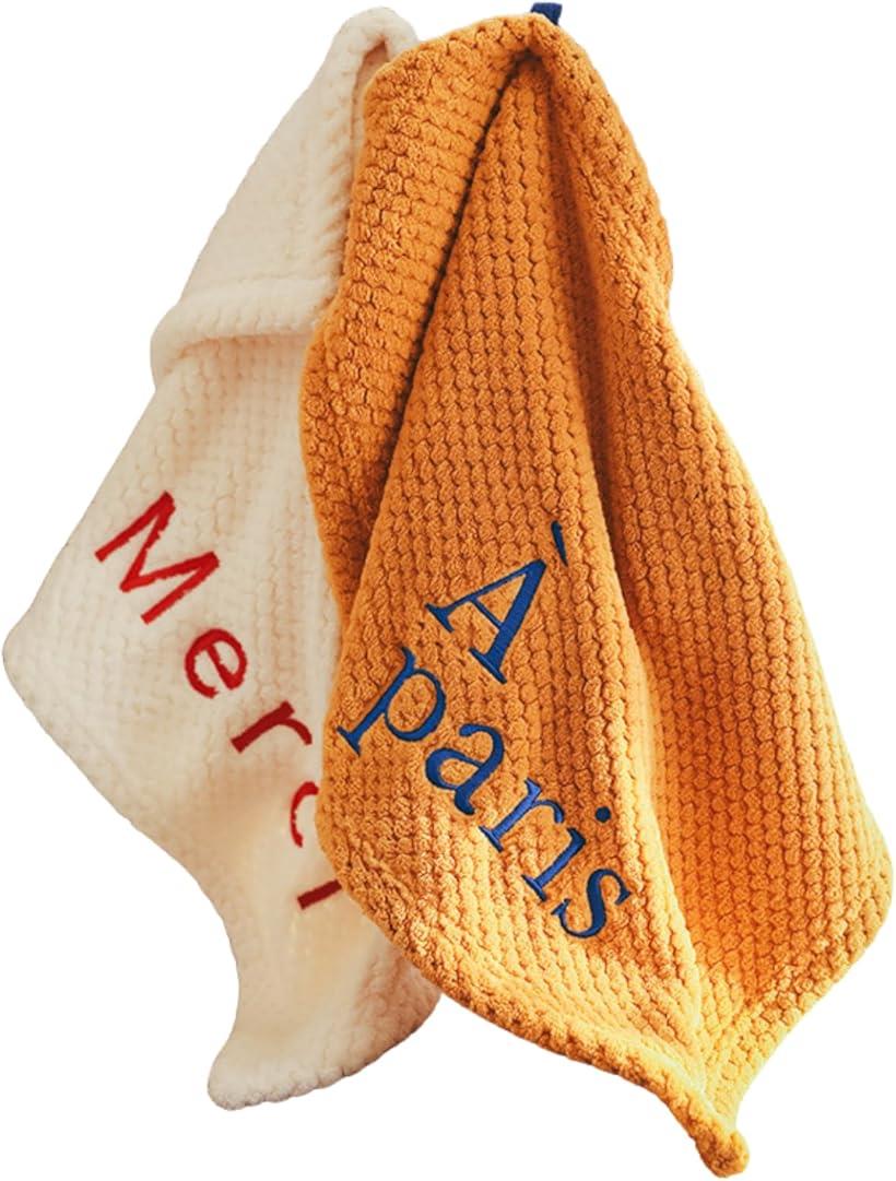 刺繍入りタオル 2枚セット 50x30cm マイクロファイバー 吸水 速乾 フック付き(ホワイト, ワンサイズ)