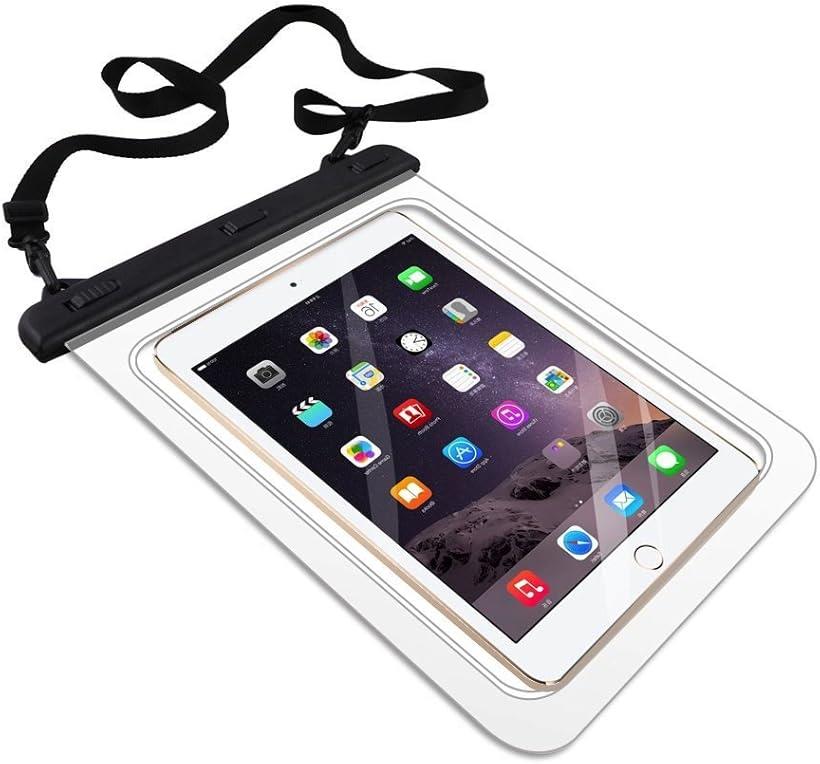ワンタッチ開閉 タブレット用 防水ケース 9-11.5インチ 首掛けストラップ付き (黒...