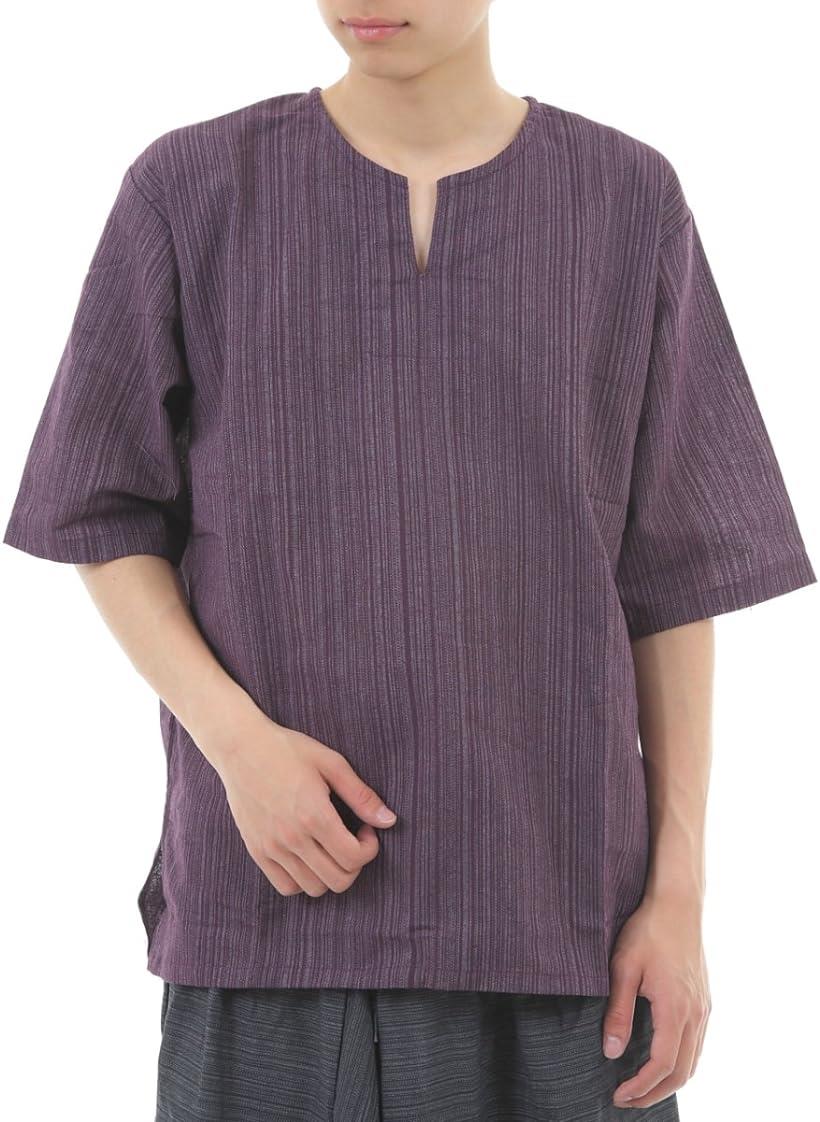 OKI オキ エスニック シャツ ストライプ 5分丈 メンズ ユニセックス キーネック アジアン ゆったりM ダ..