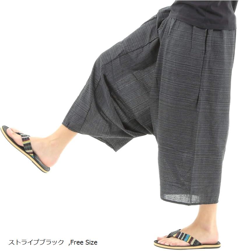 OKI オキ ガウチョパンツ 袴パンツ ワイドパンツ メンズ エスニック サルエルパンツ スカンツ タイパンツ(ストライプブラック, Free Size)