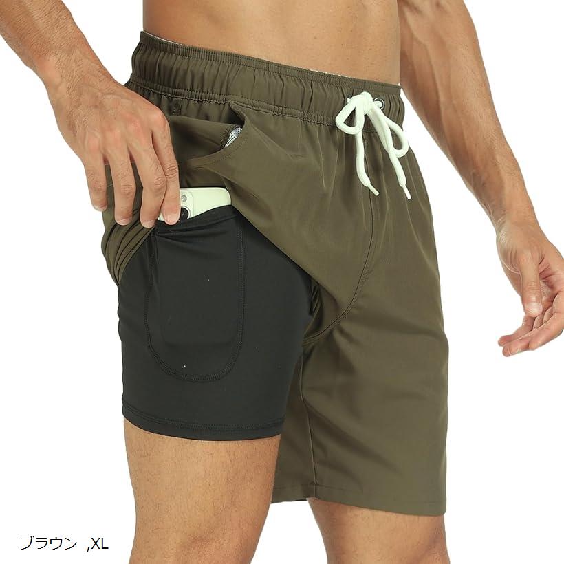 水着 メンズ 海パン インナー付き 一体型 ポケット サーフ パンツ 伸縮性 水陸両用 スポーツ 速乾 2in1(ブラウン, XL)