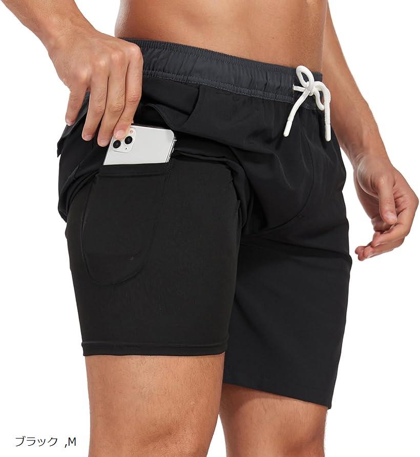 水着 メンズ 海パン インナー付き 一体型 ポケット サーフ パンツ 伸縮性 水陸両用 スポーツ 速乾 2in1(ブラック, M)