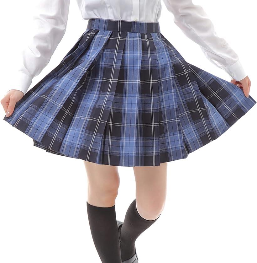 Eiza プリーツスカート チェック柄 ミニ スクールスカート 学生服 (マリンブルー, XL)