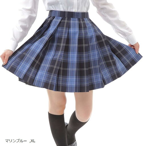 プリーツスカート チェック柄 ミニ スクールスカート 学生服(マリンブルー, XL) プリーツスカート チェック柄 ミニ スクールスカート 学生服(マリンブルー, XL)