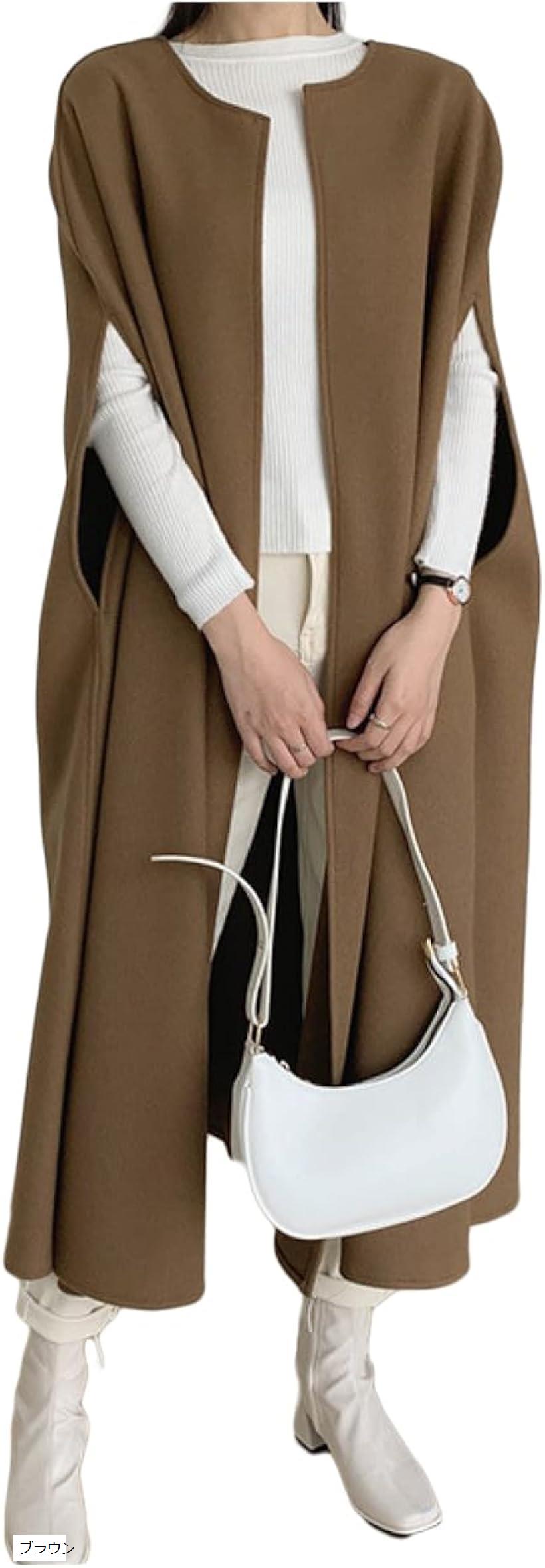 ロングジレ レディース 秋冬 ポンチョ ロングベスト 上着 アウター 羽織りもの オフィス カジュアル (ブラウン, Free Size)