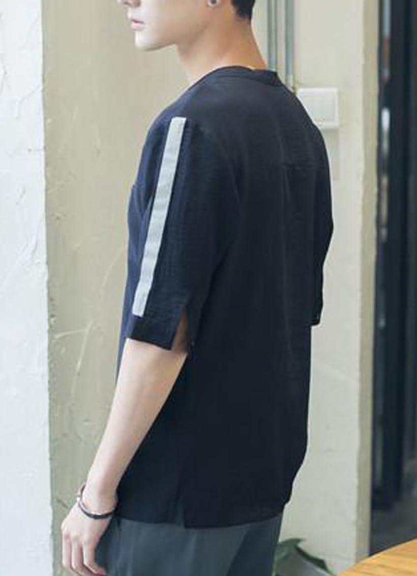 メンズ Tシャツ 半袖 無地 クルーネック 五分袖 シンプル カジュアル ライン 黒(ブラック, M)