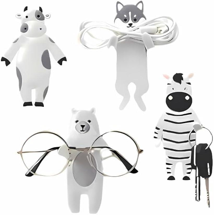 フック 可愛い 動物 強粘着 メガネかけ マスクかけ 鍵かけ 4個セット (ホワイト)