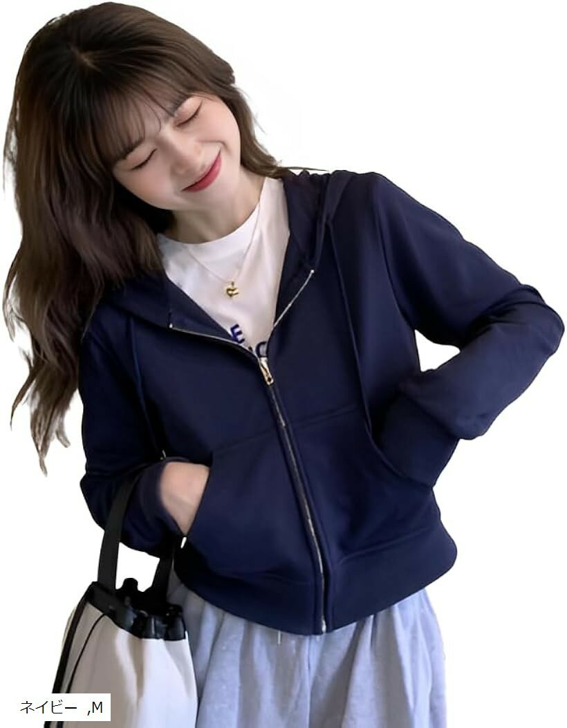 ショート丈 パーカー レディース トップス へそ出し 長袖 スウェット フード 無地 アウター カジュアル 春 秋 冬 (ネイビー, M)