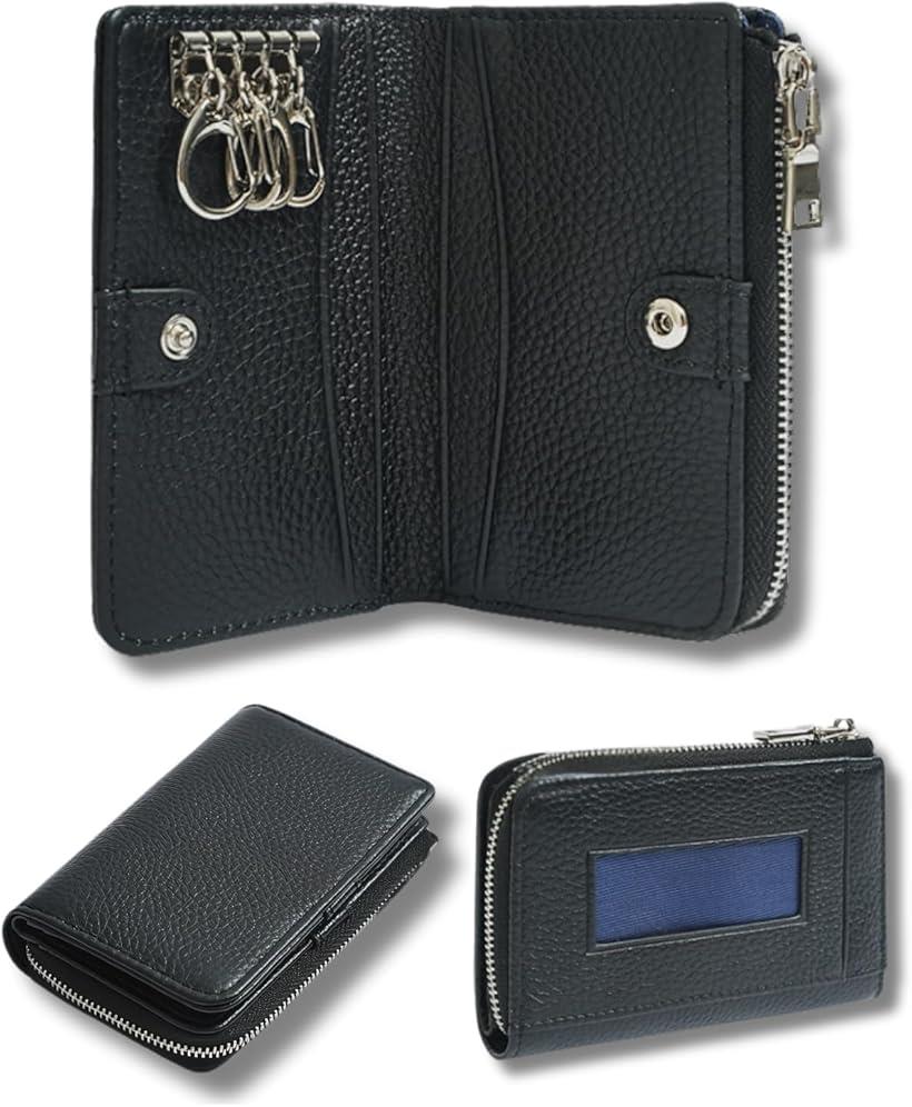 キーケース カード入れ付き ミニ財布 マルチケース スマートキーケース 本革 4連フック付き コンパクト 人気 便利 カードケース 小銭入れ 多機能 軽量 (ブラック)