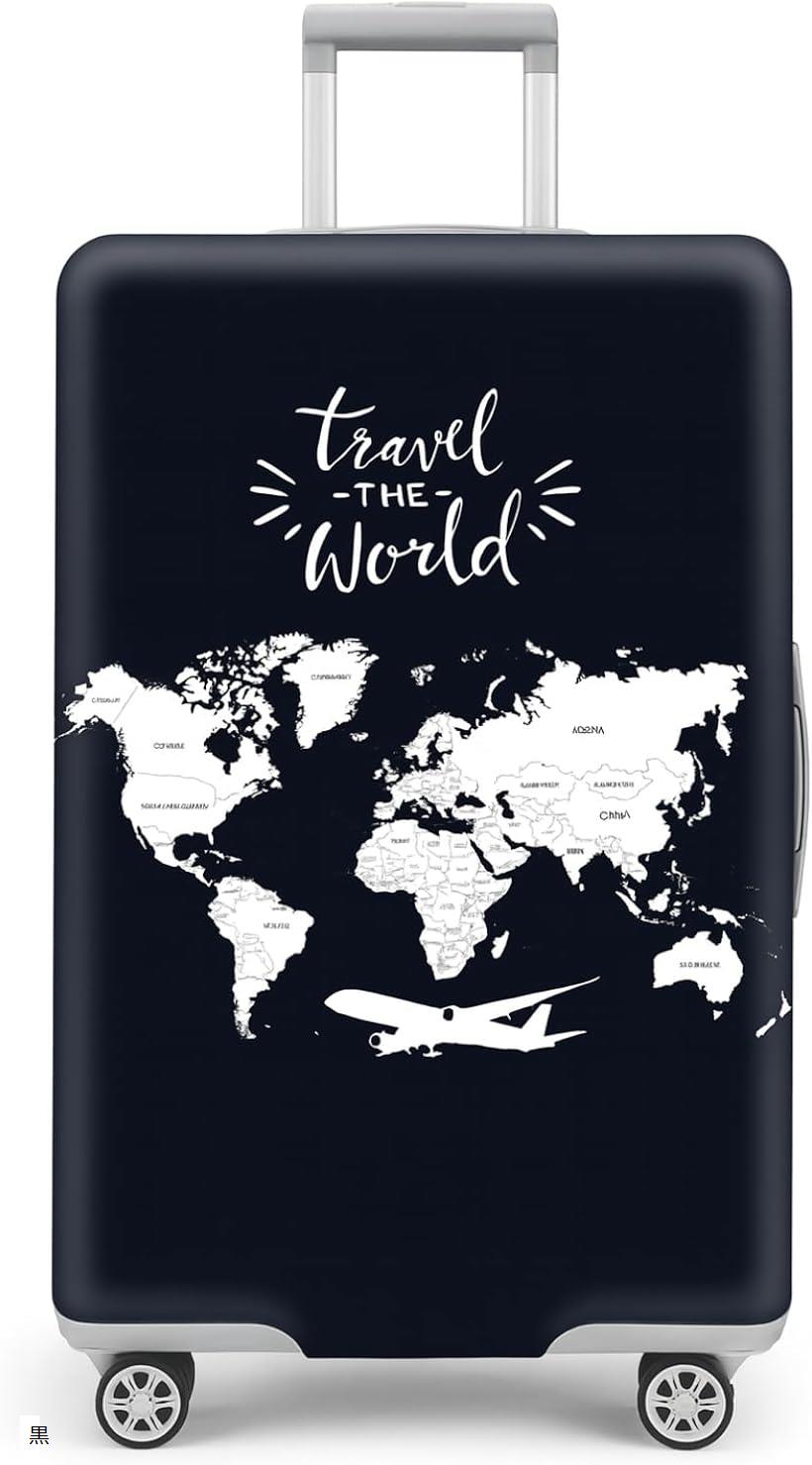 キャリーケースカバー スーツケースカバー トランク保護 おしゃれ 目印 傷防止 地図 伸縮 軽量 (黒, M)