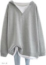 パーカー レディース スウェット 長袖 切り替え 重ね着風 ゆったり シンプル 薄手 大きいサイズ 体型カバー かわいい 着痩せ (グレー, M)