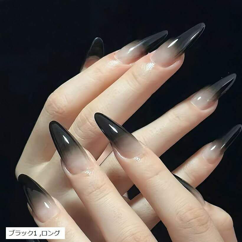 ネイルチップ 黒 ロング つけ爪 ギャル 韓国 かわいい 地雷系 手作りブラック シンプル コギャル アーモンド (ブラック1, ロング)