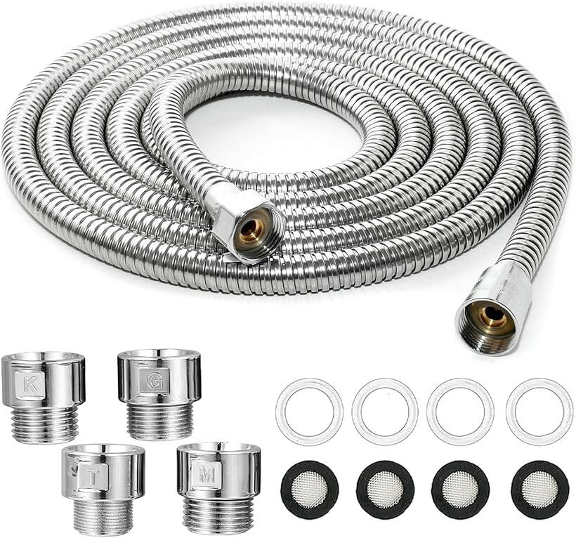 互換品 交換用シャワーホース ステンレス製 360度回転 絡まり防止 交換用アダプター付き (シルバー, 3m)