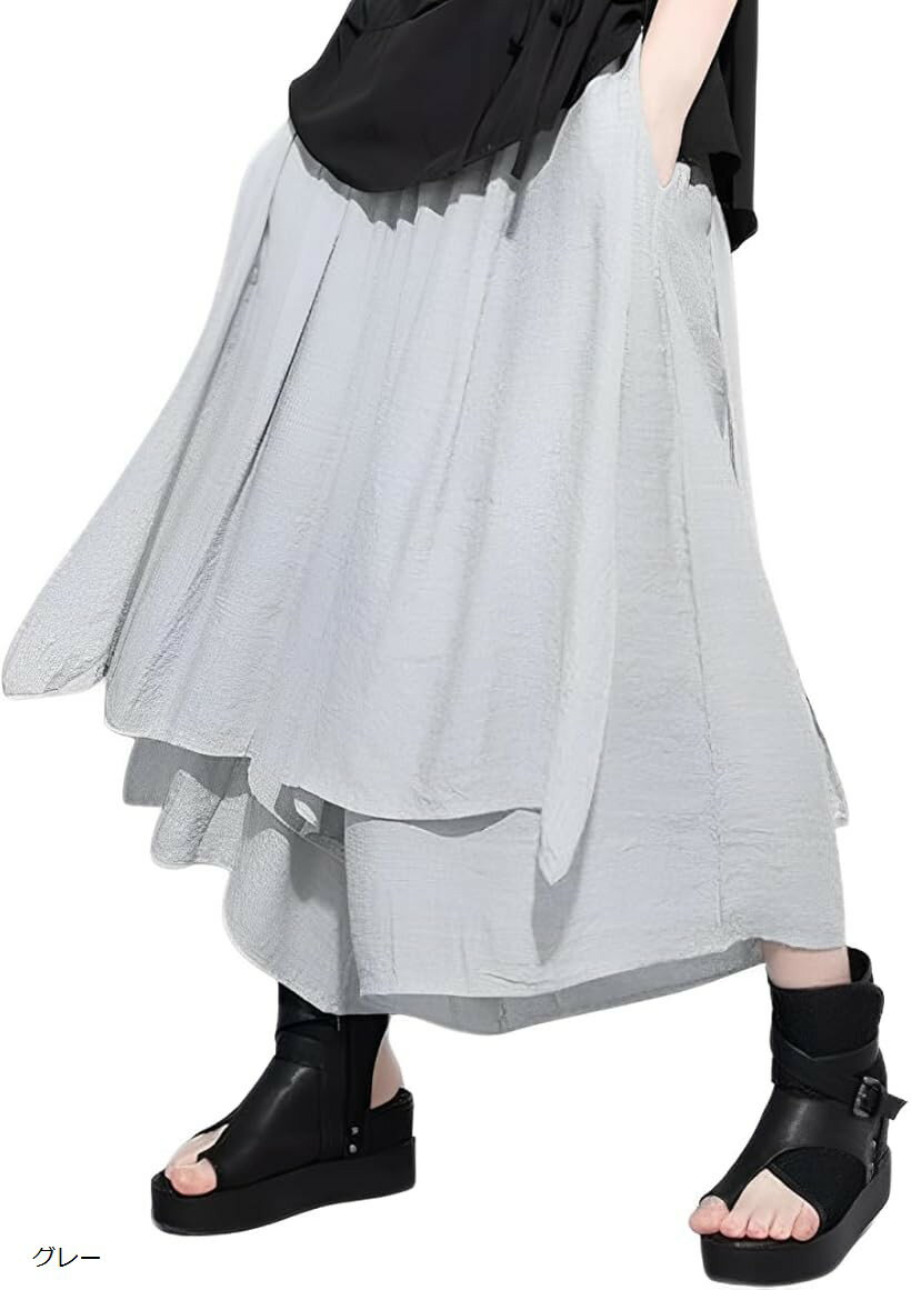 ガウチョパンツ レディース ワイドパンツ スカンツ ロング ゆったり ウエストゴム 秋 フレア ミモレ モード系 通気性 7分丈 おしゃれ きれいめ 人気 スカートみたい (グレー, Free Size)