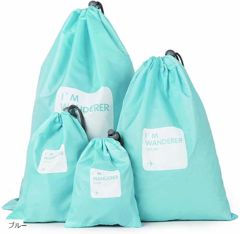 巾着袋 ナイロン 防水 特大 中 小 4枚セット トラベル 旅行 体操服入れ 丈夫 シンプル (ブルー, L、M、S、SS)