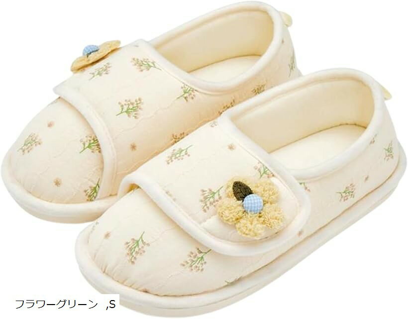 ルーム シューズ かかと あり 室内履き インドア 面テープ すべり止め付き 花柄 リボン リビング キッ..