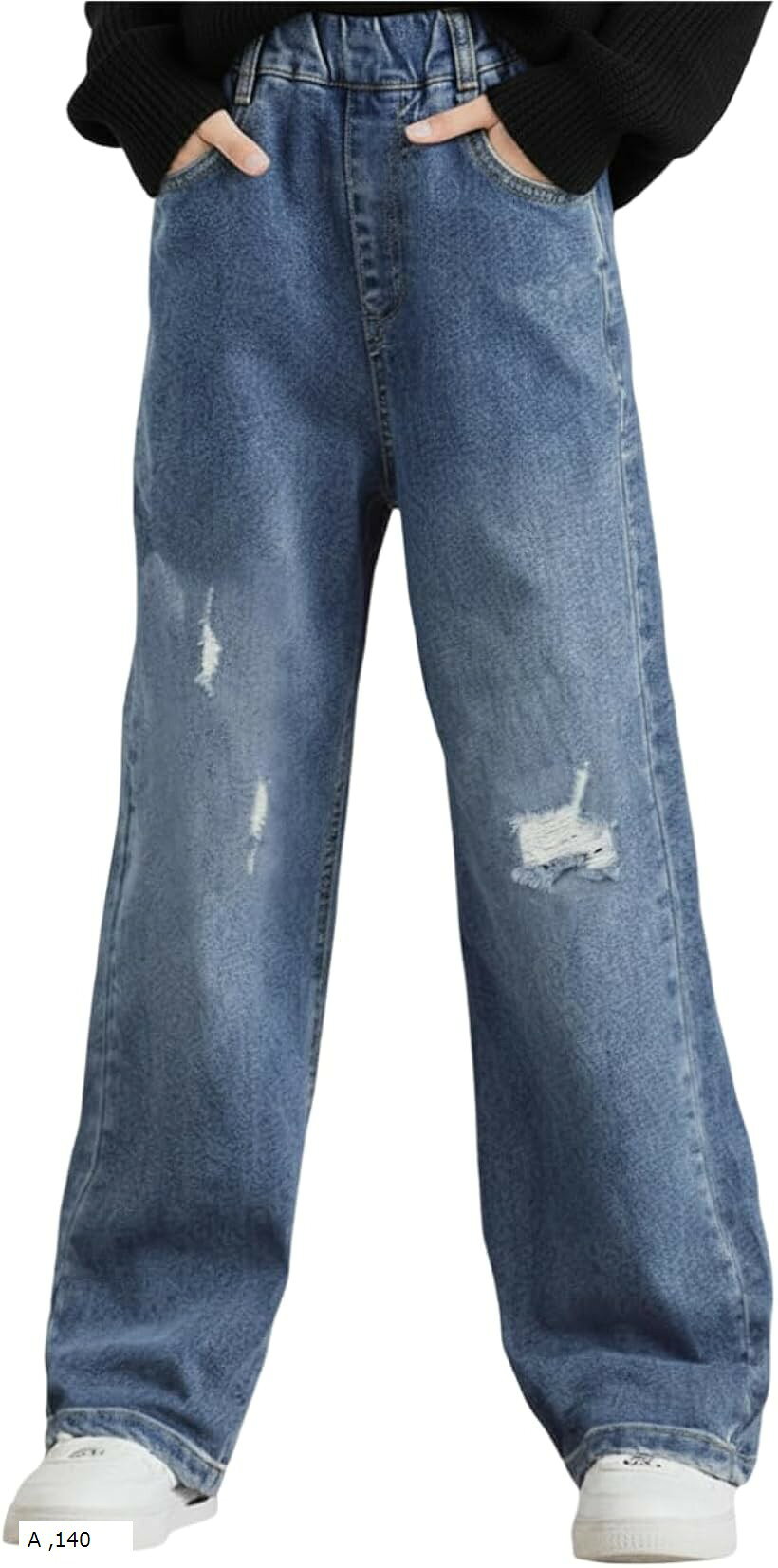 デニムパンツ ガールズ ボトムス キッズ ジーンズ ロング ズボン ジーパン プリント ダメージ 加工 ポケット付 長ズボン 女子 かわいい きれい おしゃれ ゆったり 通学 ダンス 人気 (A, 140)