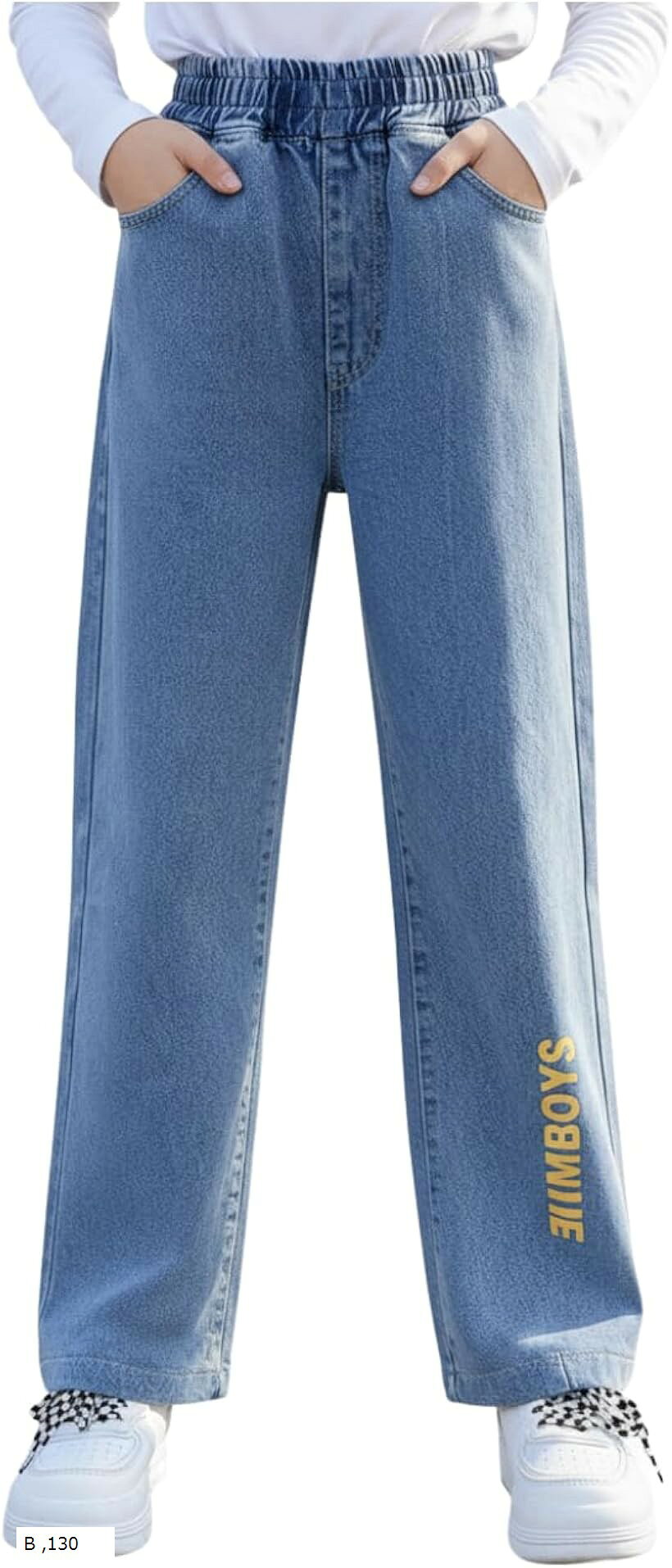 デニムパンツ ガールズ ボトムス キッズ ジーンズ ロング ズボン ジーパン プリント ダメージ 加工 ポケット付 長ズボン 女子 かわいい きれい おしゃれ ゆったり 通学 ダンス 人気 (B, 130)