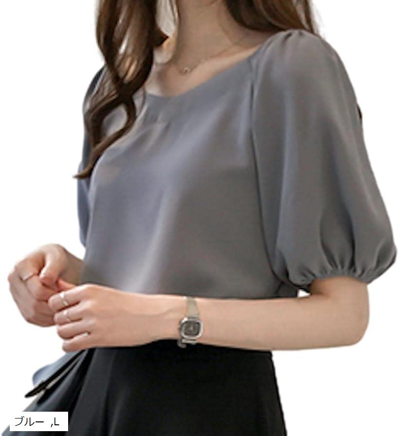 イヴエヴァン ふんわり袖 シフォン ブラウス 五分袖 トップス バルーン袖( ブルー, L)のサムネイル