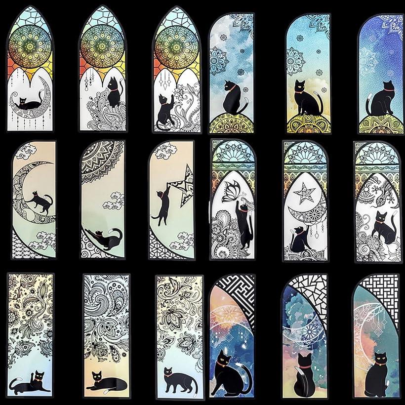 しおり 猫 ステンドグラス 18種36枚 ねこ 栞 ブックマーク ネコ 黒猫 猫グッズ (18種36枚)