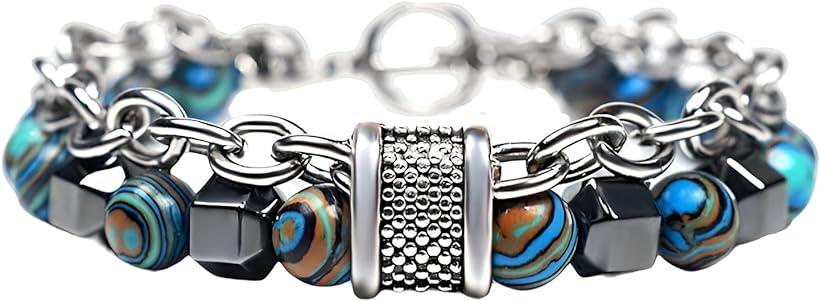 [APOSITV]ブレスレット メンズ チェーン バングル 数珠 2連 異素材 ストーン マーブル模様 収納袋付き (ブルー)