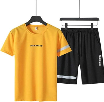 ブランクブラン 上下セット tシャツ メンズ 半袖 ハーフパンツ スポーツウェア セットアップ(イエロー, M)