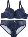 レース付き 水玉 ランジェリー 上下 セット(ブルー, B95/XXL)