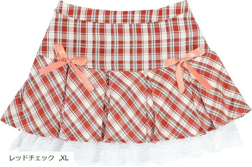 リボン付き ミニ丈 チェック柄 スカート(レッドチェック, XL) リボン付き ミニ丈 チェック柄 スカート(レッドチェック, XL)