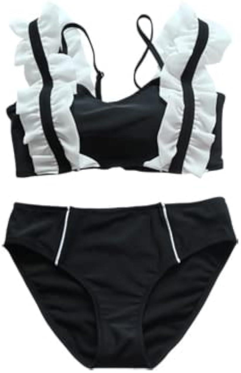 肩フリル付き 背面紐 ビキニ セパレーツ タンキニ(ブラック, L)