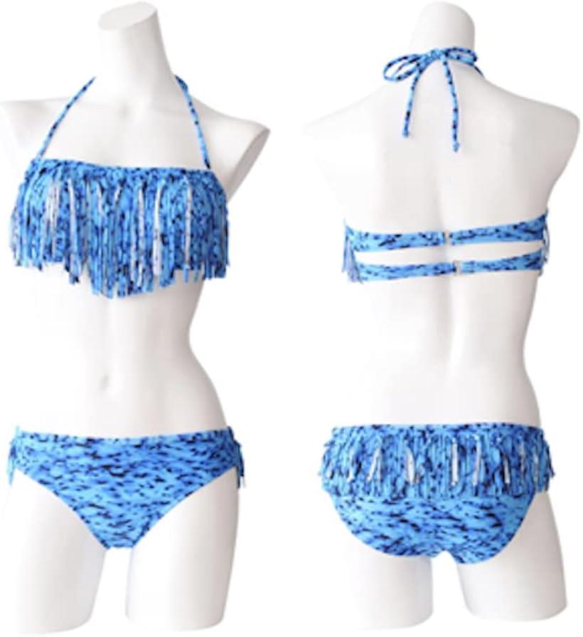 フリンジ付き 総柄 ビキニセット(ブルー, M)
