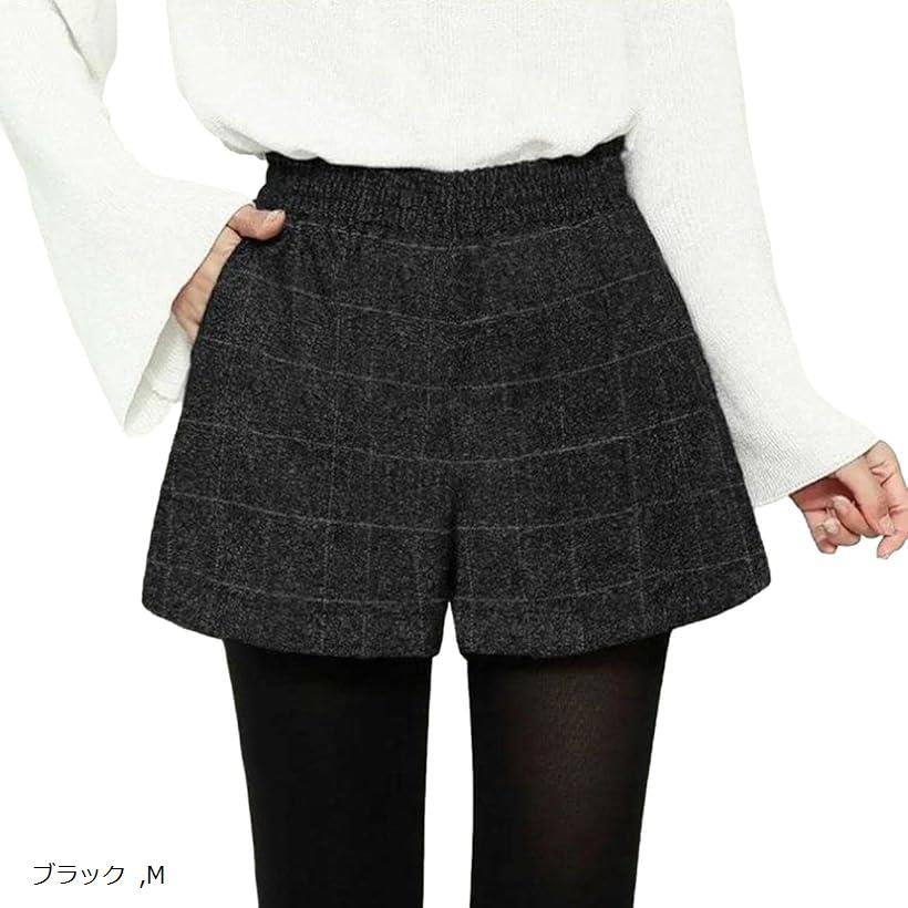 スロウアンドメロウショートパンツ チェック柄 ウエストゴム レディース 短パン M ブラック (ブラック, M)