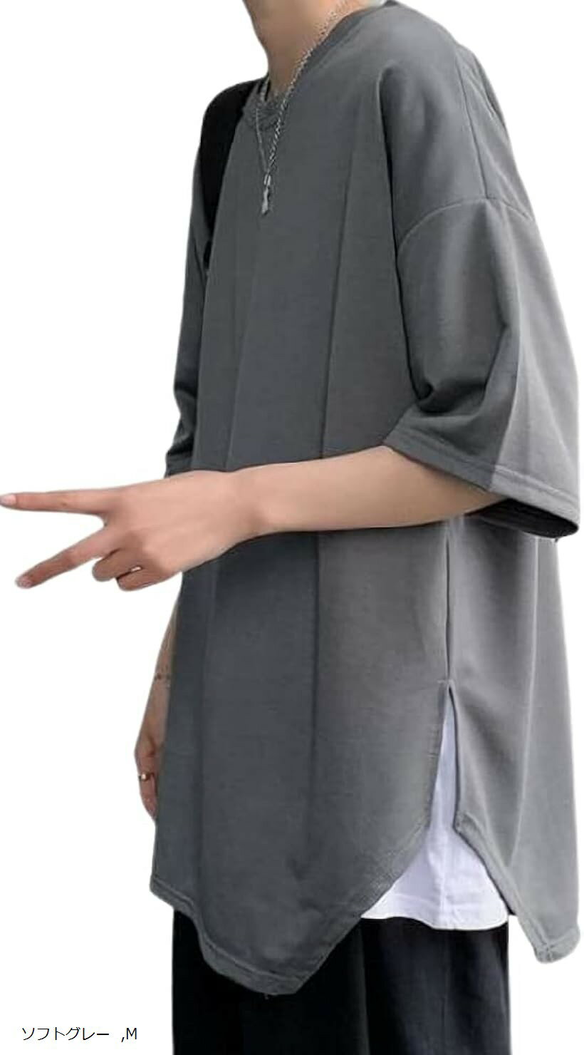 T-Shirts - エンプティオ 半袖 シャツ ビッグシルエット オーバーサイズ 丈長 メンズ アウトドア ロングスリーブ 襟なし ストリート系 丸首 (ソフトグレー, M)