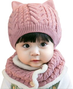 スロウアンドメロウニット帽 ネックウォーマー セット ベビー 赤ちゃん用 猫耳 耳付き(ピンク, Free Size)