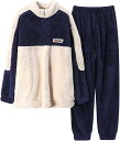 パジャマ レディース ルームウェア 長袖 上下セット もこもこ フランネル 伸縮性 暖かい 襟 フード ポケット 着る毛布(ベージュ/ネイビー, XL)