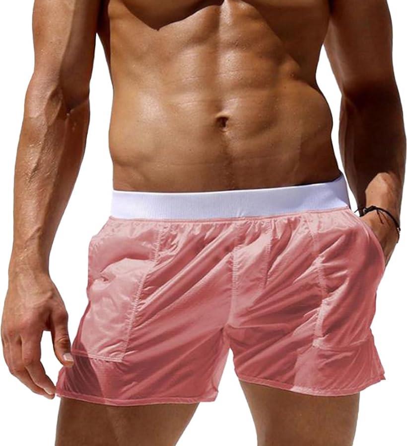 メンズ シースルー トランクス ボクサーブリーフ 水着 スポーツ 薄い 透ける ビーチウェア(XL, ピンク)