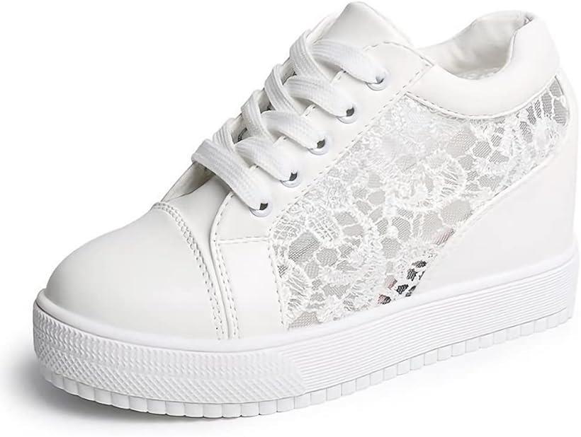 アスペルシオ 可愛い インヒールスニーカー レースアップ 厚底 お洒落 靴 レディース シューズ (レース ホワイト, 24.5 cm)