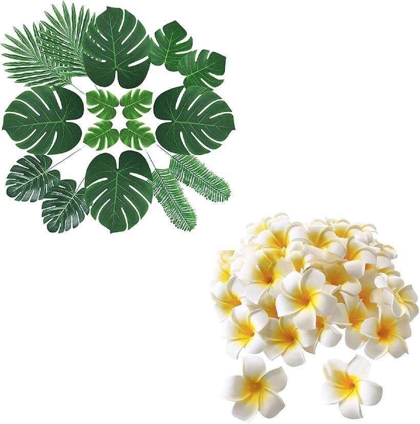 Famimueno モンステラリーフ 造花 飾り フェイクグリーン 緑葉っぱ60枚＋白の花50個 