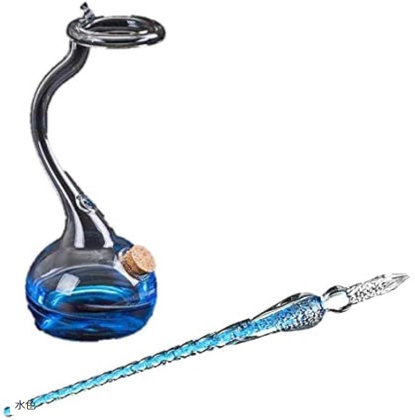 ガラス瓶 と ガラスペン セット 署名 書道 アート 絵画 装飾 つけペン 万年筆 透明 インクボトル 水色 (水色)