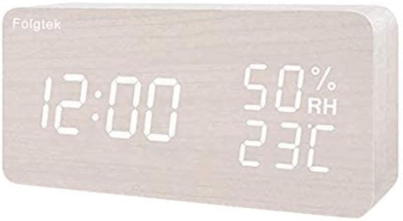 目覚まし時計 置き時計 木目 温度湿度計 カレンダー卓上時計 ベッドサイドクロック USB/電池給電 大音量 多機能 3段輝度調節 LED 日本語説明書付き( 白)