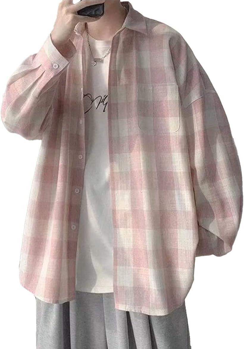 チェックシャツ メンズ 長袖 ポケット付き オシャレ オーバーサイズシャツ( ピンク, XL)