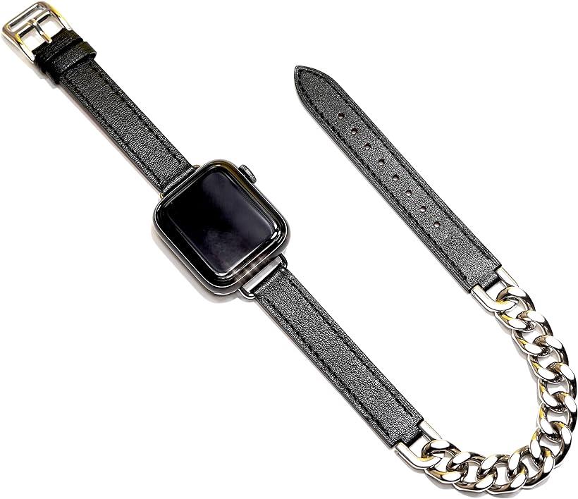 アップルウォッチ チェーン レザー ベルトグルメットメタル シルバー/本革/ステンレス おしゃれ 腕時計 バンド アクセサリー レディース Apple Watch ブラック 38/40/41mm 
