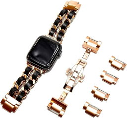 Royce&Roland Apple Watch チェーンベルト (本革レザー/ステンレス) コマ調整器不要 バタフライバックル (38/40/41mm, pinkgold/black)