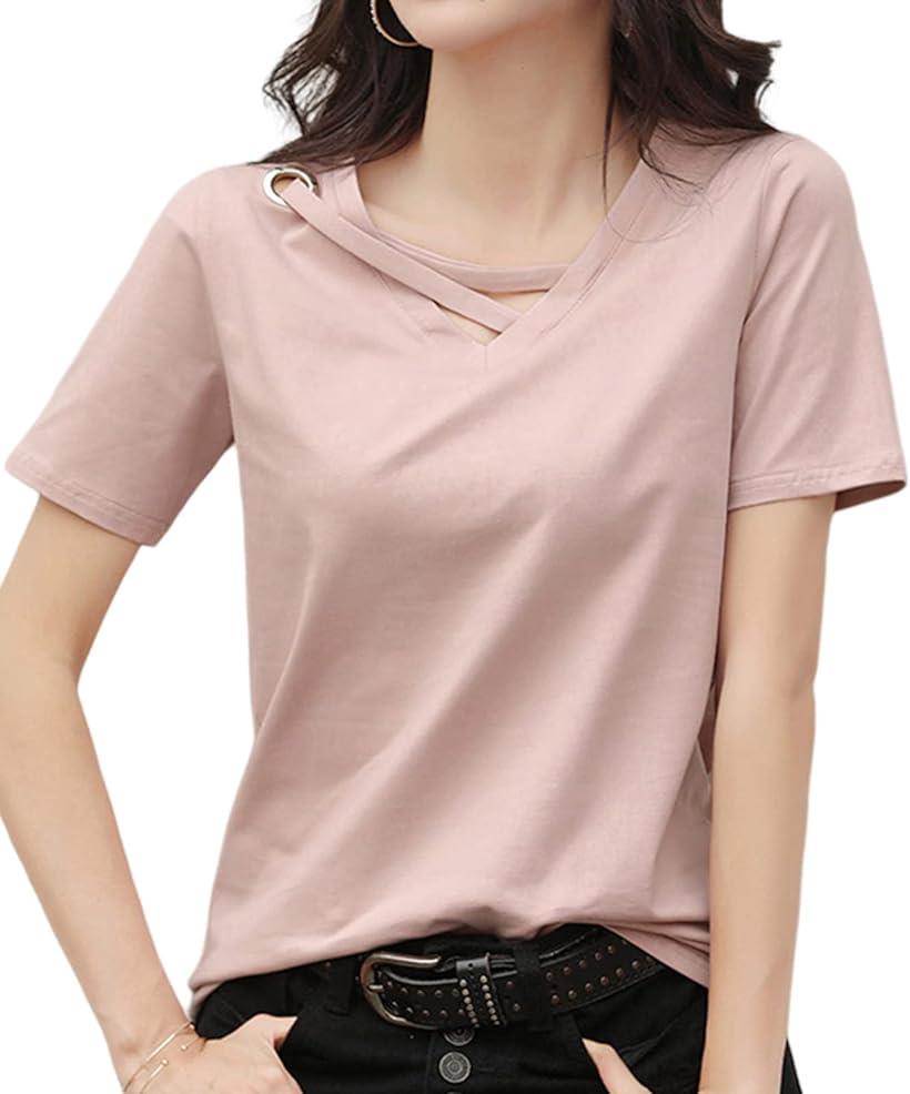半袖 vネック デザイン tシャツ レディース アシンメトリー アシメカットソー シンプル( ピンク, 2XL)