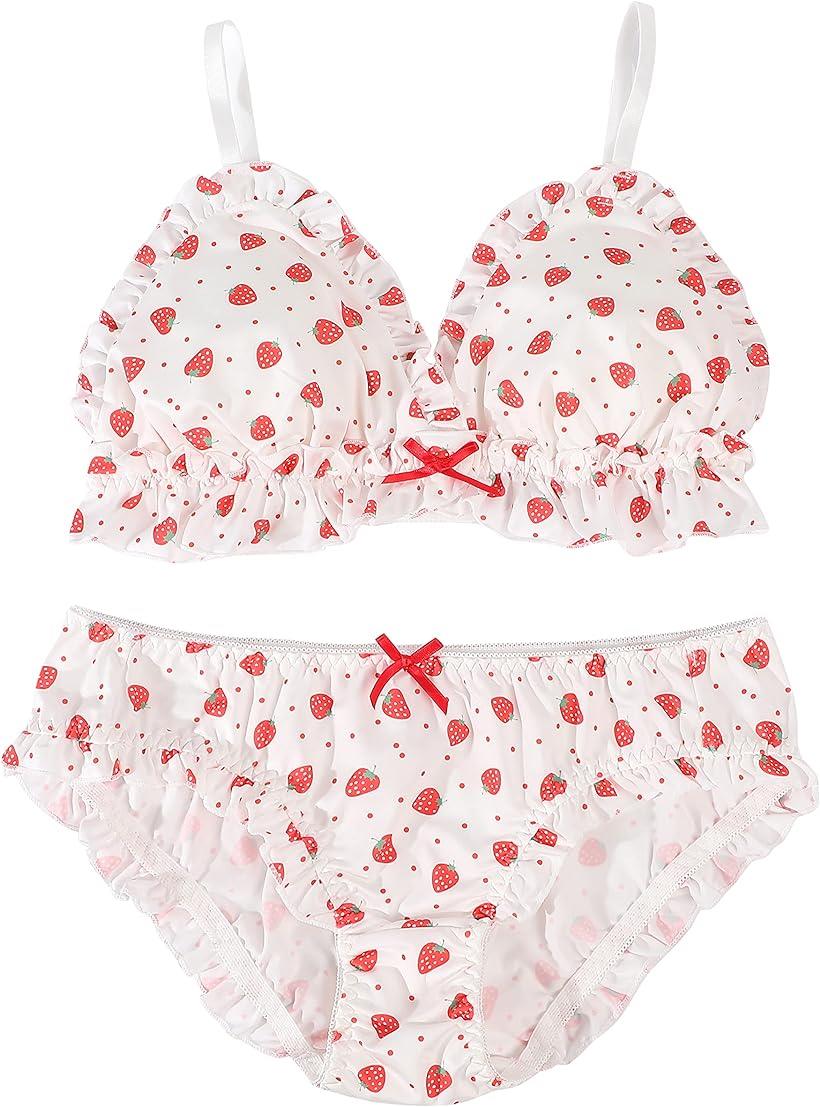 大きいサイズ ゆめかわ フリフリ ノンワイヤー ブラ ショーツ セット(苺・ホワイト, M)