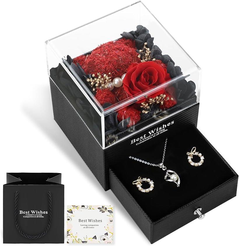 母の日 プリザーブドフラワー 枯れない花 ロマンチックなモスベア ジュエリーボックス ユニークな組み合わせ 贈り物(黒)