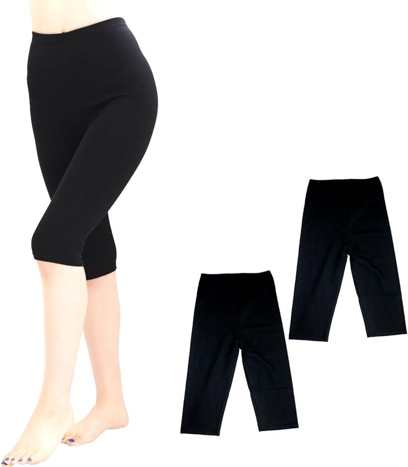 レディース 女性 パンツ レギンス スパッツ 綿混 日本製( ブラック5分丈2個, M-L)