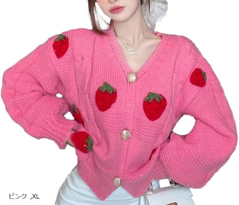 カーディガン イチゴ 柄 羽織 モチーフ 編み レッド 可愛い レディース(ピンク, XL)
