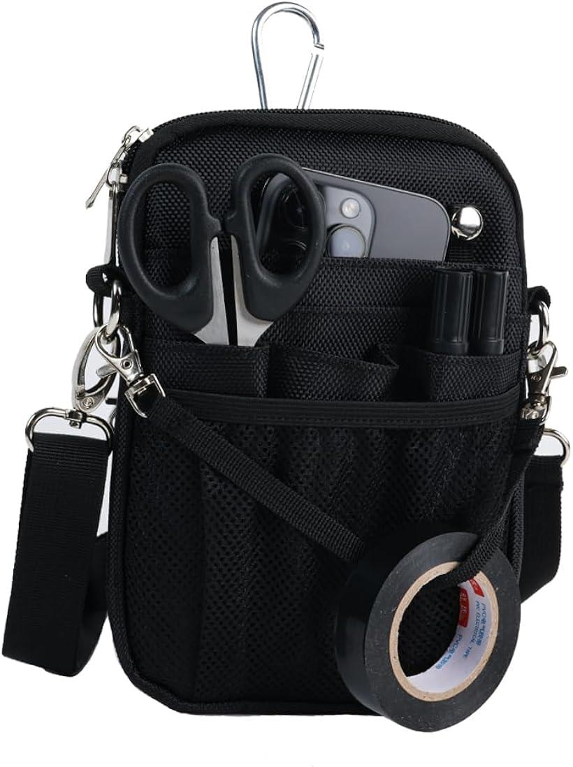 エプロンバッグ ナースポーチ ウエストバッグ ダブルジッパー 仕事用 11ポケット マチ付き 3wayショルダー 腰袋 (SSサイズ ブラック)